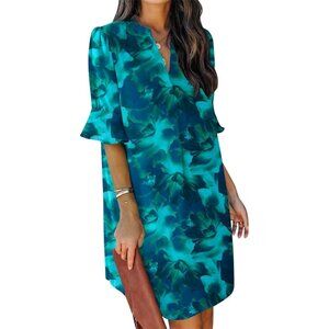 Women Bluish 100%Polyester V-Neck Loose Fit Short Sleeve Knee Length Shift Dress